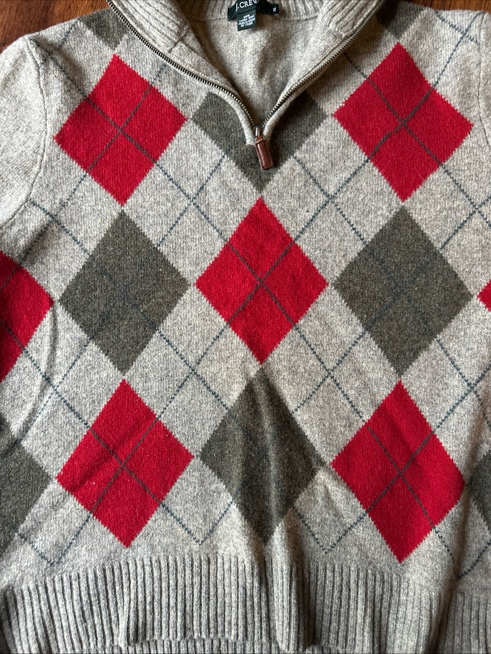 J Crew Sweater Mens XL Red green Argyle Lambs Wool 1/4 Zip Elbow Patches - Picture 4 of 5